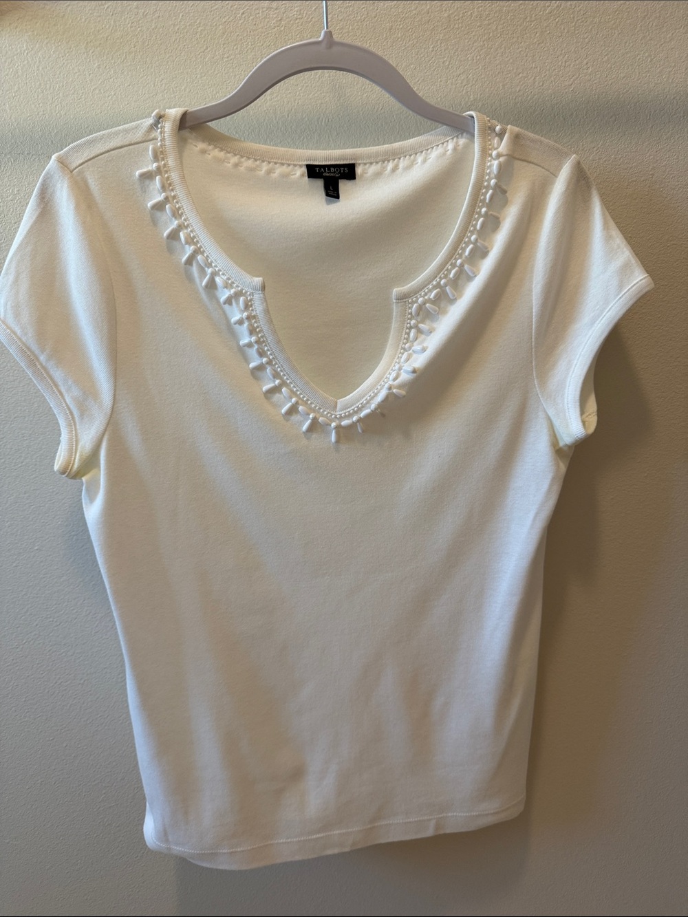 Talbots White Embellished Short-Sleeve Top L